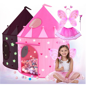 Playz Princess Castle Pop Up Tent & Dress Up Set – Kids Pink Playhouse Tent for Girls with Glow in The Dark Stars, Foldable Indoor Outdoor Toddler or Baby Girl Tent with Carrying Case