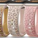 3 x 3 Pack Leopard Engraved Bands Compatible with Apple Watch in 38MM 40MM 41MM 42MM 44MM 45MM 49MM for Women Men, Soft Waterproof And Oodorless Silicone Bands for iWatch Bands Series 10-1 Ultra SE (D-Milk tea/Camel+Apricot/Champagne+Sand powder/Powder)
