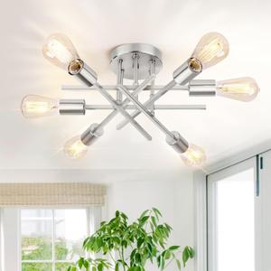 TOBUSA 6-Light Silver Semi Flush Mount Ceiling Light Fixture, Modern Industrial Brushed Nickle Sputnik Ceiling Light, E26 Close to Ceiling Light for Kitchen Bedroom Dining Room Living Room Hallway