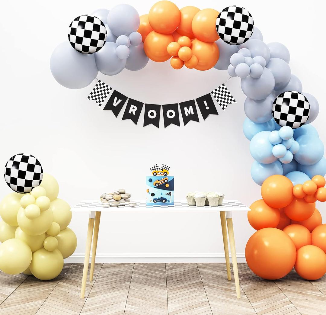 HOUSE OF PARTY Race Car Balloon Garland Kit  Two Fast Birthday Decorations with Blue Orange Yellow Grey & Checkered Balloons, Race Cars Party Supplies