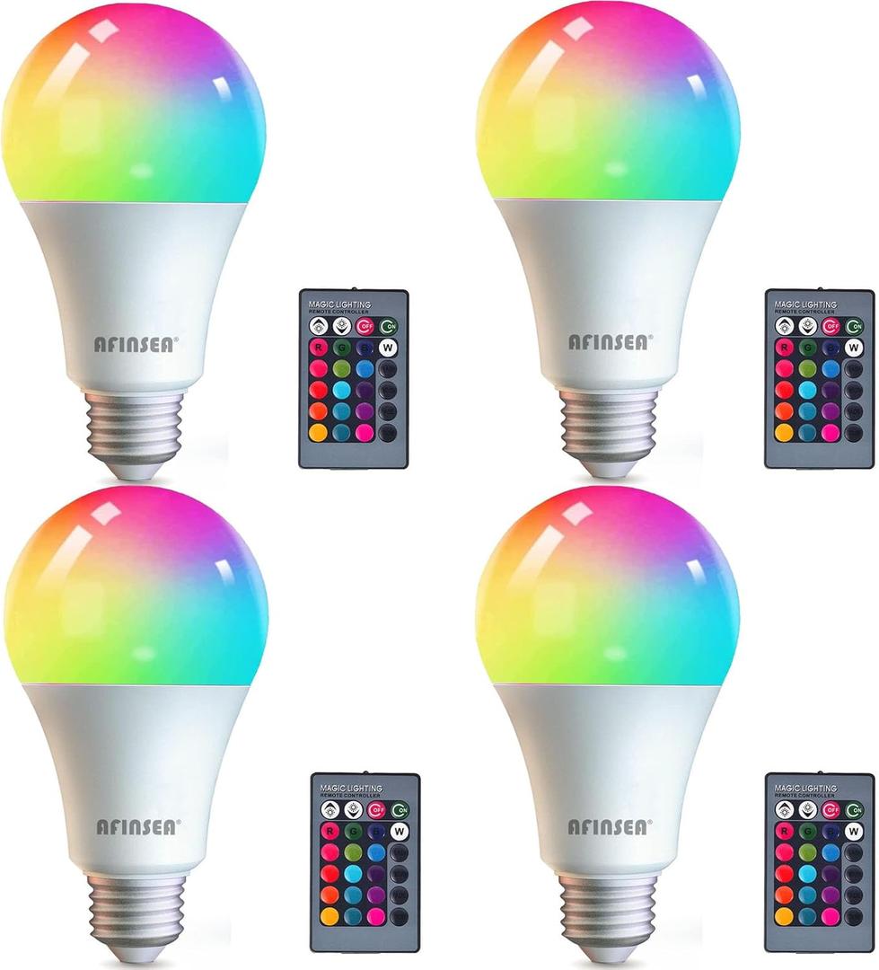 RGB Color Changing Light Bulbs,40W Equivalent,9W RGB LED Light Bulbs,A19 E27/E26 Warm White 6500K,16 Color Multicolor Light Bulb Dimmable Light for Home Party Bedroom Outdoor(4Pack)