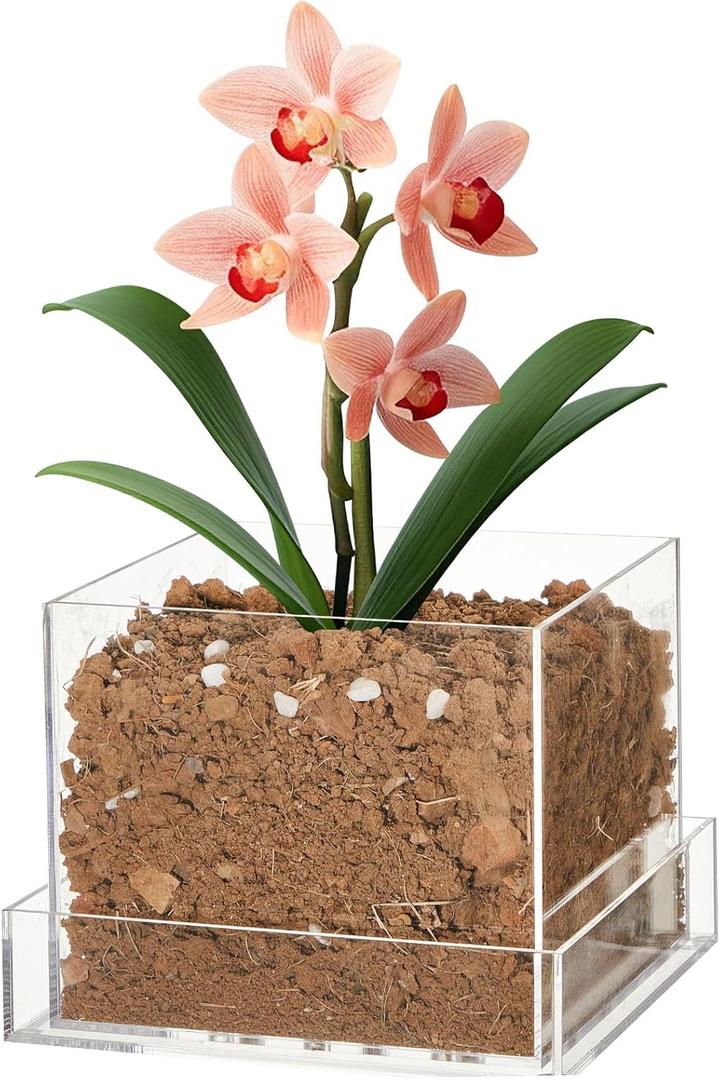 Clear Plant Nursery Pots Acrylic Orchid Pots with Drainage Holes and Tray Transparent Planter for Indoor Plants, Succulents, Herb, Flowers and Cactus Decorative(6 Inches, Square)