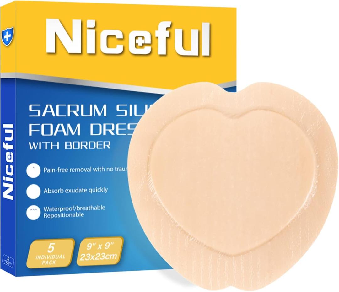 Sacral Foam Dressing 9" x 9" - Border Sacrum Bandage for Bed Sores Pressure, Silicone Adhesive Wound Dressing Pads for Large Wound, 5 Count