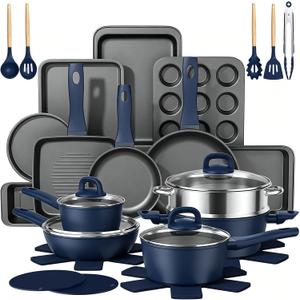 Pots and Pans Set Nonstick, Umite Chef Kitchen Non Stick Induction Cookware & Bakeware Set - 31 PCS Cooking Pans Set with Frying Pans & Utensil, Sturdy & Easy to Clean & PFOA Free (Navy Blue), Extra Large