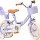 Bixike Girls Bike with Basket for Toddlers and Kids Aged 3-14 Years Old, with Training Wheels & Doll Seat, 20 Inch with Kickstand & Rear Rack, Princess Style Bicycle for Gift. Purple, 14 Inch With Doll Seat