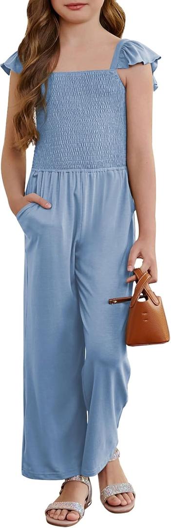 Girls Romper Summer Ruffle Sleeveless Wide Leg Jumpsuit (8-9 Years, Sky Blue)