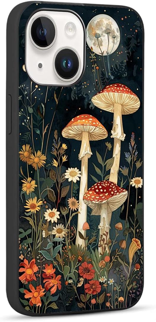 Compatible with iPhone 13 Case, Aesthetic Moonlight Mushrooms Beautiful Flowers Slim Soft TPU Shockproof Protection Case
