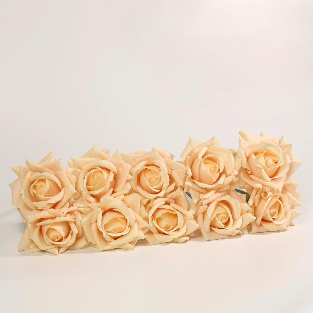 Real Touch Roses, Artificial Roses | 10PCS Faux mini Roses Bouquet,Real Touch Champagne Roses for Wedding Centerpiece, Home & Party Decor (Champagne)