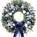 Valery Madelyn 24'' Pre-Lit Christmas Wreath for Front Door with Light, Collapsible Lighted Outdoor Christmas Wreath with Silvery Blue Xmas Balls Ribbons for Home Porch Fireplace Window Holiday Decor