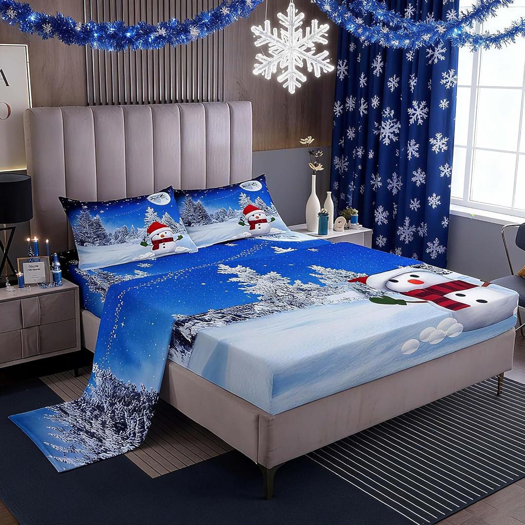 Feelyou Christmas Bed Sheets Snowman Sheet Set for Kids Boys Girls Xmas Theme Winter Decor Bed Set Blue Room 3Pcs Twin Size (Multi 15)