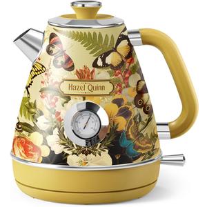 Hazel Quinn Retro Electric Kettle - 1.7L, 1200W Fast Boiling, All Stainless Steel Interior, Cordless, BPA-Free, Auto Shut-Off, Thermometer for Tea & Coffee - Floral Design by Artist Eduardo Recife (Floral Painted Design)