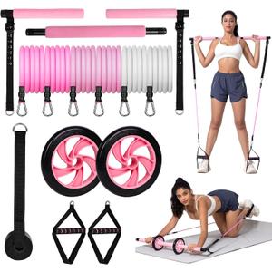Pilates Bar Kit with Resistance Bands, Pilates Equipment Exercise Bars with Rollers for Abdominal Exercise, Portable Home Gym Equipment, Men's and Women's Total Body Exercise Equipment (pink)