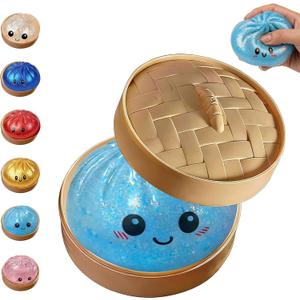 Glitter Dumpling,Colorful Dumpling Squishes Stress Balls with Steamer,Glitter Dumplings Squishies Box,Soft Squeeze Decompression Dough for Anxiety Relief Easter Basket Stuffers (Sky Blue)