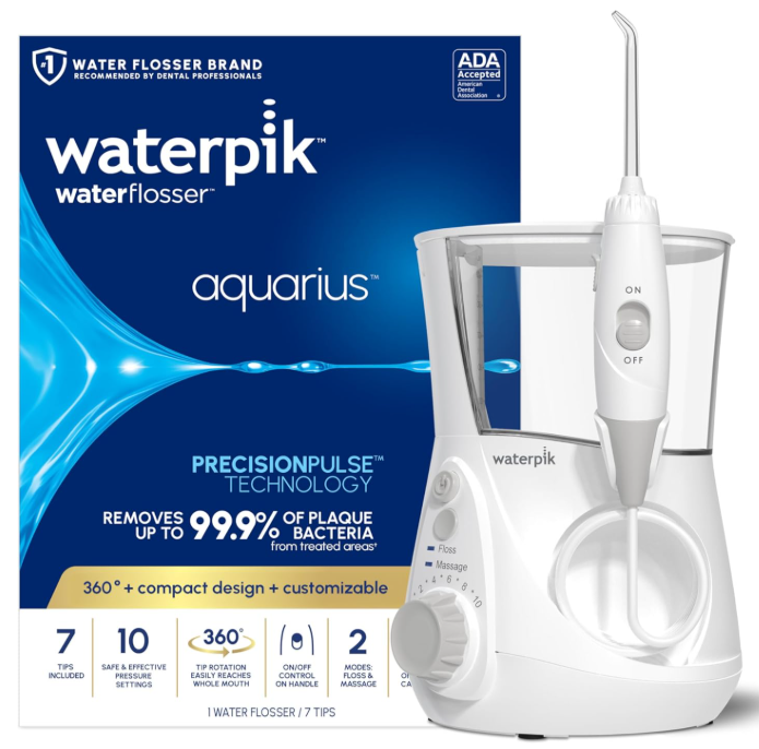 Waterpik Aquarius Water Flosser For Teeth Cleaning, Gums, Braces, Dental Care, Electric Power With 10 Settings, 7 Tips For Multiple Users And Needs, ADA Accepted, White WP660