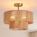 Boho Semi Flush Mount Ceiling Light Gold Rattan Ceiling Light 15.4" Farmhouse Ceiling Lamp with Natural Hemp Rope Lampshade for Dining Room Living Room Bedroom Kitchen, 16 Inch