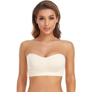 Lusait Strapless Bra for Women Non-Slip Silicone Padded Bandeau Bra Wireless Tube Top Bralette (Beige, L)