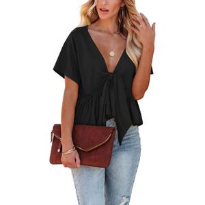 Fanway&EC Women's Short Sleeve V Neck Blouses Ruffle Hem Tie Front Crop Tops Lightweight Basic Summer Tops (Black, L)