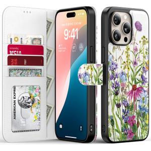 FUNMIKO for iPhone 15 Pro Max Case Wallet,Detachable Flip Folio Leather Cover,RFID Blocking 4 Card Holder,Magnetic Kickstand,Protective Phone Shell for Women Girls,Blooming Wildflowers