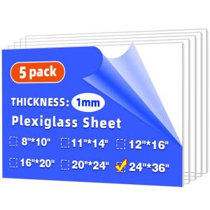 (5 Pack) 24" x 36" Plexiglass Sheets 1mm Thick, Clear Acrylic Sheets Panel Cut to Size Plexiglass Acrylic Board, Cut with Engraver, Power Saw or Hand Tools, No Laser Cut.