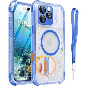 for iPhone 16 Pro Case Waterproof with Magsafe, Built in Camera Control [Screen Protector] [Lanyard], IP68 Military Full Body Shockproof, for Water Sports Outdoor Work, 6.3" Frosted Blue
