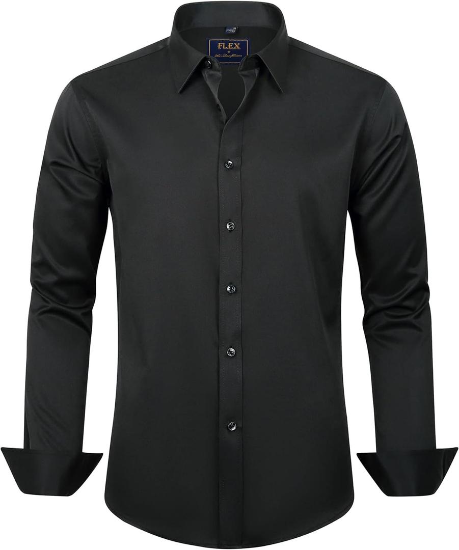 J.VER Men's Dress Shirts Solid Long Sleeve Stretch Wrinkle-Free Formal Shirt Business Casual Button Down Shirts (Large, Black)