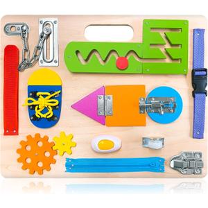 Montessori Busy Board for Toddlers, Wooden Sensory Toys, Preschool Learning Activities for Fine Motor Skills Travel Toy, Basic Life Skills Educational Gifts for 1 2 3 Years Old Kids Boys Girls (Multicolored)