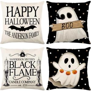 Happy Halloween Pillow Covers 16 x 16 Inch Set of 4 Boo Ghost Bats Black Flame Throw Pillow Covers Indoor Outdoor Decorative Pillow Case for Sofa Couch Bed Living Room Halloween Decor (White and Black)