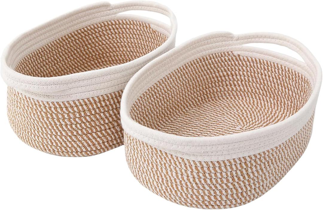 JMvicyroam Woven Basket,Small Rope Storage Bin with Handles & Ribbon Bag, Organizer for Shelves Closets,Gift Basket Empty for Birthday,Books,Dog Toys, White&Brown Block/2 Pack