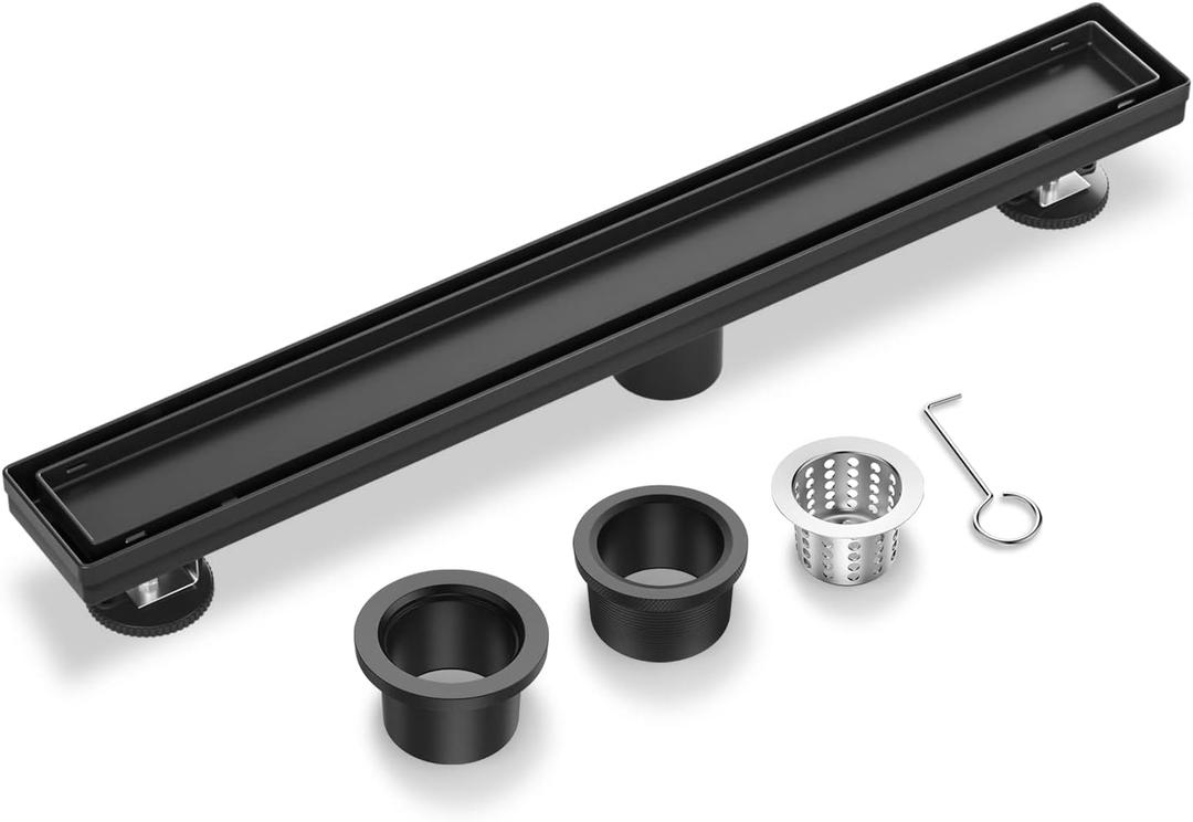 EXF Linear Shower Drain 28 Inch Matte Black with Reversible Flat & Tile Insert Cover, Stainless Steel Rectangle Shower Floor Drain with Hair Catcher, Adjustable Feet