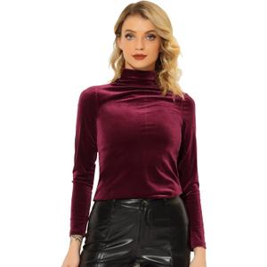 Allegra K Women's Turtleneck Velvet Top Long Sleeve Work Shirts Basic Velour Blouse (Medium, Burgundy)
