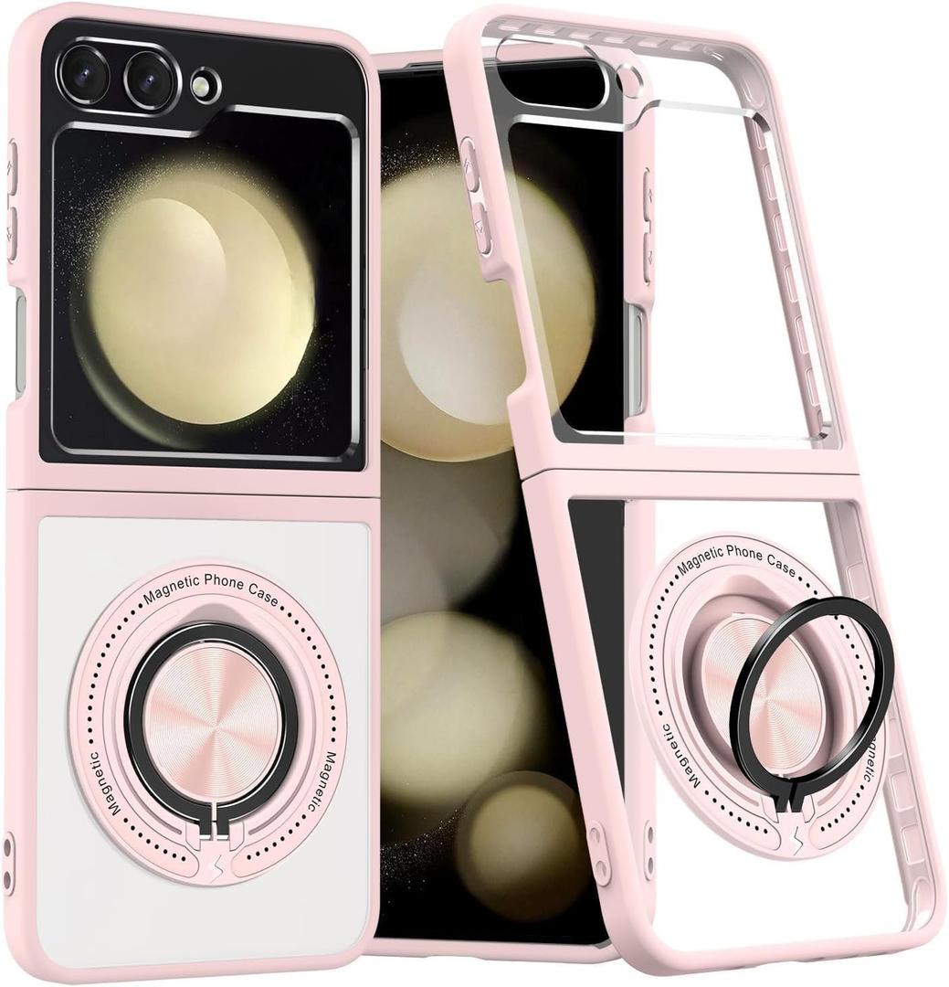Magnetic Case for Samsung Galaxy Z Flip 6 / Flip 7 FE, Clear Pink | Compatible with MagSafe, Military Grade, Shockproof, Slim fit, Ring, Kickstand