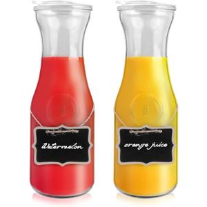 Glass Carafe with Acrylic Lid,35 Oz Beverage Dispensers Carafe,Mimosa Bar Supplies,Clear Glass Pitcher with Name Labels for Iced Tea,Coffee,Juice(Set of 2)