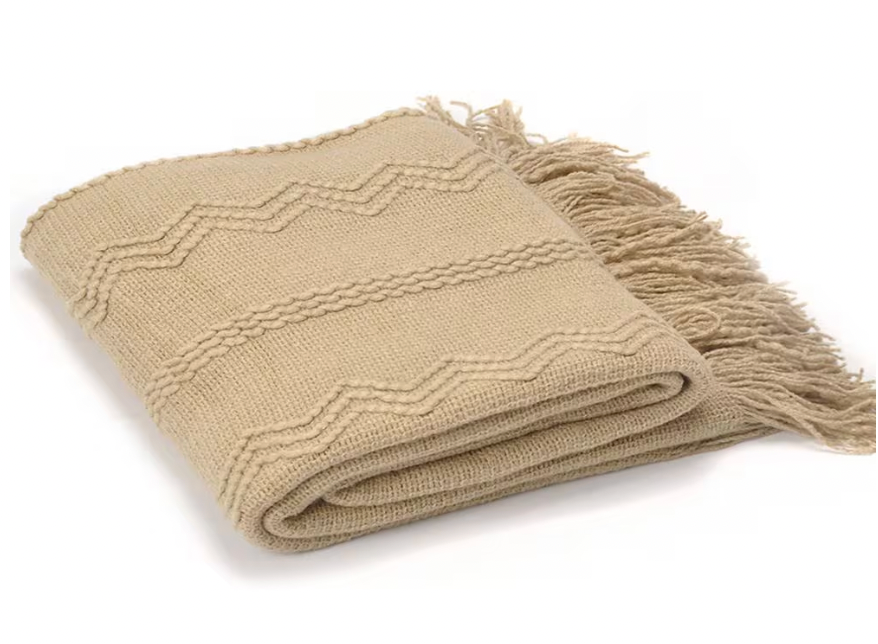 Battilo Home Woven Throw Blanket with Raised Pattern and Fringe Ends, 50" x 60", Tan