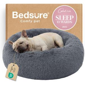 Bedsure Calming Dog Bed for Medium Dogs - Donut Washable Medium Pet Bed, 30 inches Anti-Slip Round Fluffy Plush Faux Fur Cat Bed, Fits up to 45 lbs Pets, Dark Grey 30"L x 30"W x 8"Th