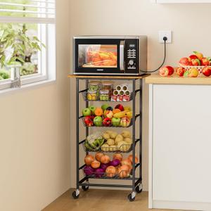 ThreeHio Kitchen Microwave Cart with Fruit Baskets, 5 Tier Microwave Table Stand with Fruit Vegetable Storage Small Rolling Cart on Wheels, Floor Organizers and Storage for Pantry Kitchen, Living Room (Brown)