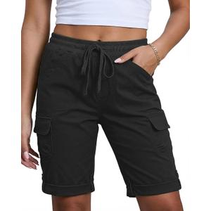 luvamia Bermuda Shorts for Women Knee Length Pull On Elastic Waist High Rise Fold Hem Casual Summer Chino Cargo Shorts (Black, L)