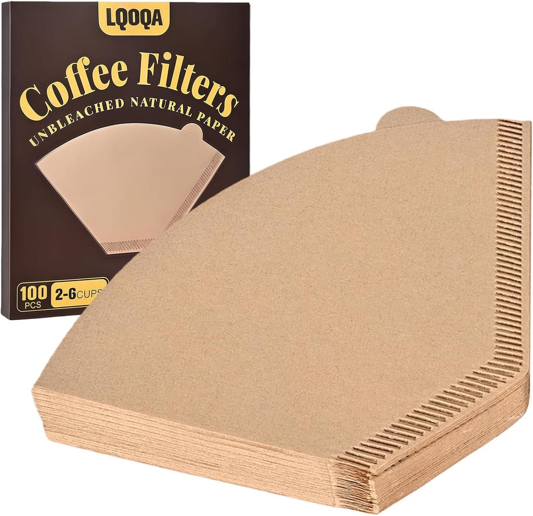 100 Count #2 Cone Coffee Filters, Unbleached Natural Paper, No Blowout & Tear-Resistant, Compostable, Fits 2-6 Cup Makers, Pour-Over & Ninja Brewers