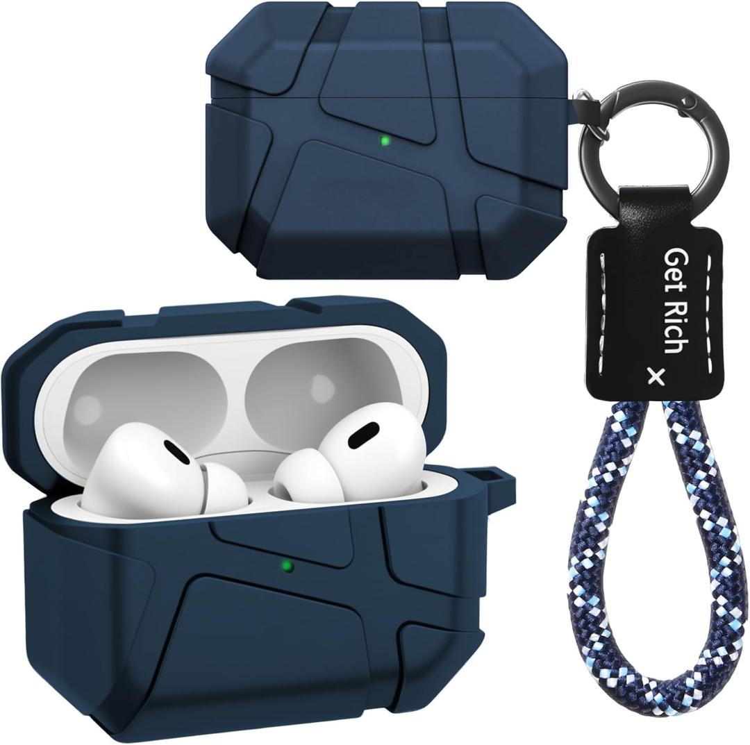 Fofvccv for AirPods Pro 2nd Generation Case Armor Cool Meteorite Texture with Keychain Lanyard for Men, Rugged Hard Shell Full Body Drop Shockproof Protective Cover for Airpods Pro 2 YS Blue