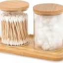 BKYFPQ Bamboo Vanity Tray, Bathroom Tray Organizer Glass Qtip Holder Dispenser Apothecary Jars for Cotton Swabs Balls, Round Pad, Perfume Candles, Cosmetics and Jewelry Storage Organizer
