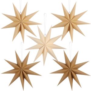 12 Inches 5 PCS Brown Paper Star Lanterns Hanging Khaki Stars Christmas Party Decorations Hanging Beige Lampshade Christmas Wedding Birthday Christmas Home Party Decorations (9 Pointed)