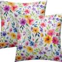 Watercolor Floral Throw Pillow Cover 18x18 Inch Pack of 2 Spring Farmhouse Cushion Pillow Case Square Pink and White Colorful Flowers Pillowcase for Spring Party Bed Sofa Home Car Bedroom Outdoor