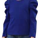 GORLYA Girl's Puff Sleeve Casual Solid T-Shirt Pullover Keyhole Back Blouse Tops for 4-14T Kids (Blue-long Sleeve)