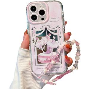 for iPhone 14 Case, [Light Pink Ballet Pattern][Shiny Mirror Case][2-in-1 with Beaded Wrist Strap] Soft TPU Frame, Shockproof and Anti-Shock, Suitable for Women & Girls