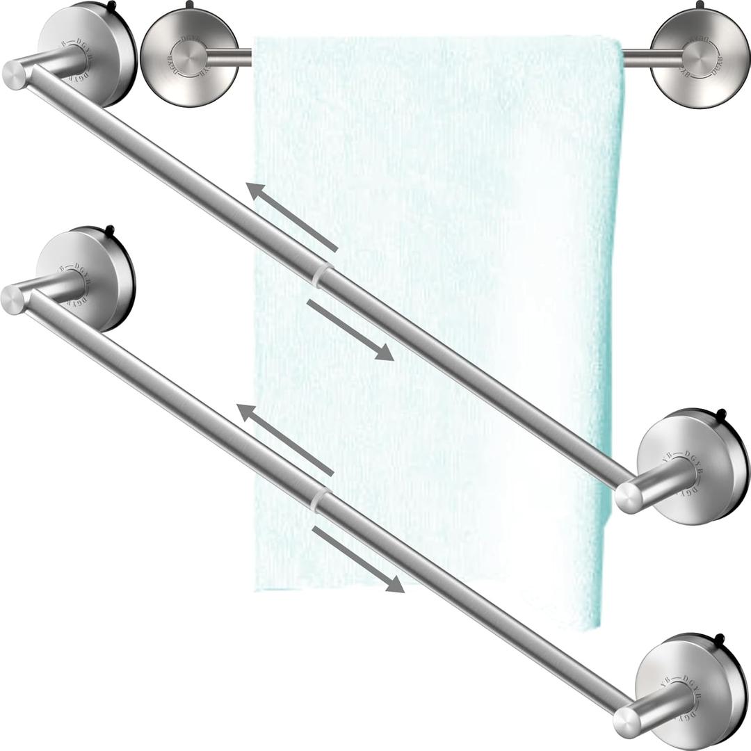 DGYB Adjustable Suction Cup Towel Bar for Bathroom 14 Inch ~ 27 Inch Set of 2 Brushed Nickel Towel Rack Stainless Steel Bath Towel Holder for Glass Shower Door