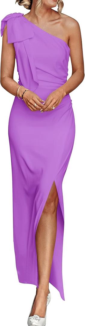 PRETTYGARDEN Women's Summer One Shoulder Long Formal Dresses Sleeveless Ruched Bodycon Cocktail Evening Slit Maxi Dress (Bright Purple, Small)