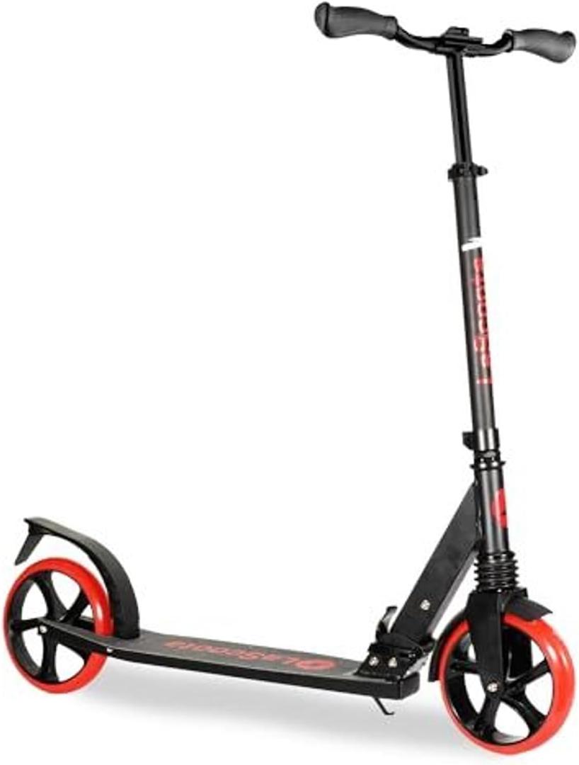 LaScoota Kick Scooter for Kids Ages 6+, Teens & Adults, Large 8" Sturdy Urethane Wheels. Adjustable Handlebar, Lightweight, Foldable, 220lbs Max Load (Red)