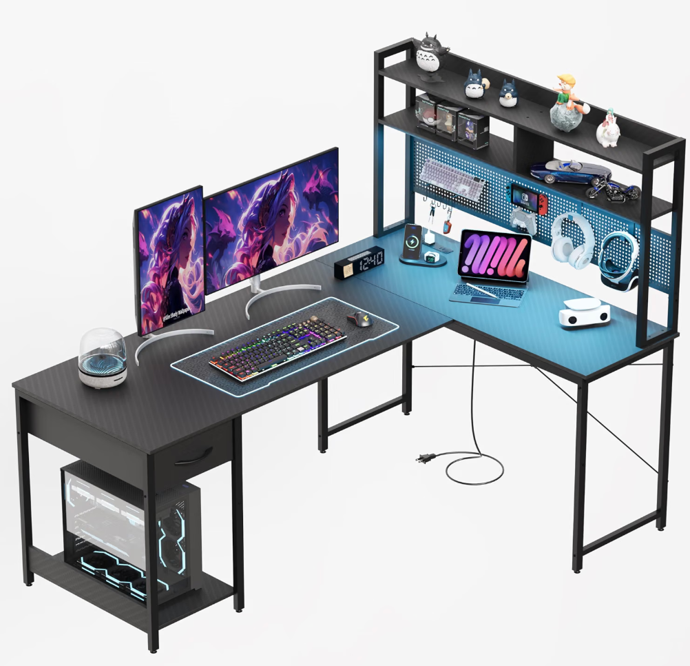 Apicizon L Shaped Gaming Desk 53", Reversible Corner Computer Desk with LED Lights, Carbon Fiber Surface, Pegboard with Hooks, Drawer & PC Tower Stand, USB Charging Port