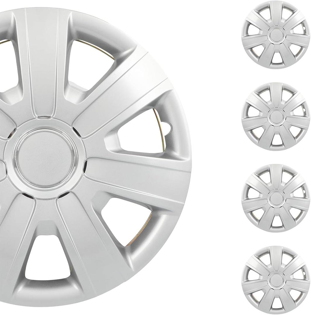 SCITOO Long-Lasting 14" Silver Hubcaps, fits Multiple Models, Stylish & Rust-Resistant, 14 inch Hub Caps Set of 4 Wheel Covers with Universal Snap-On Retention Rings