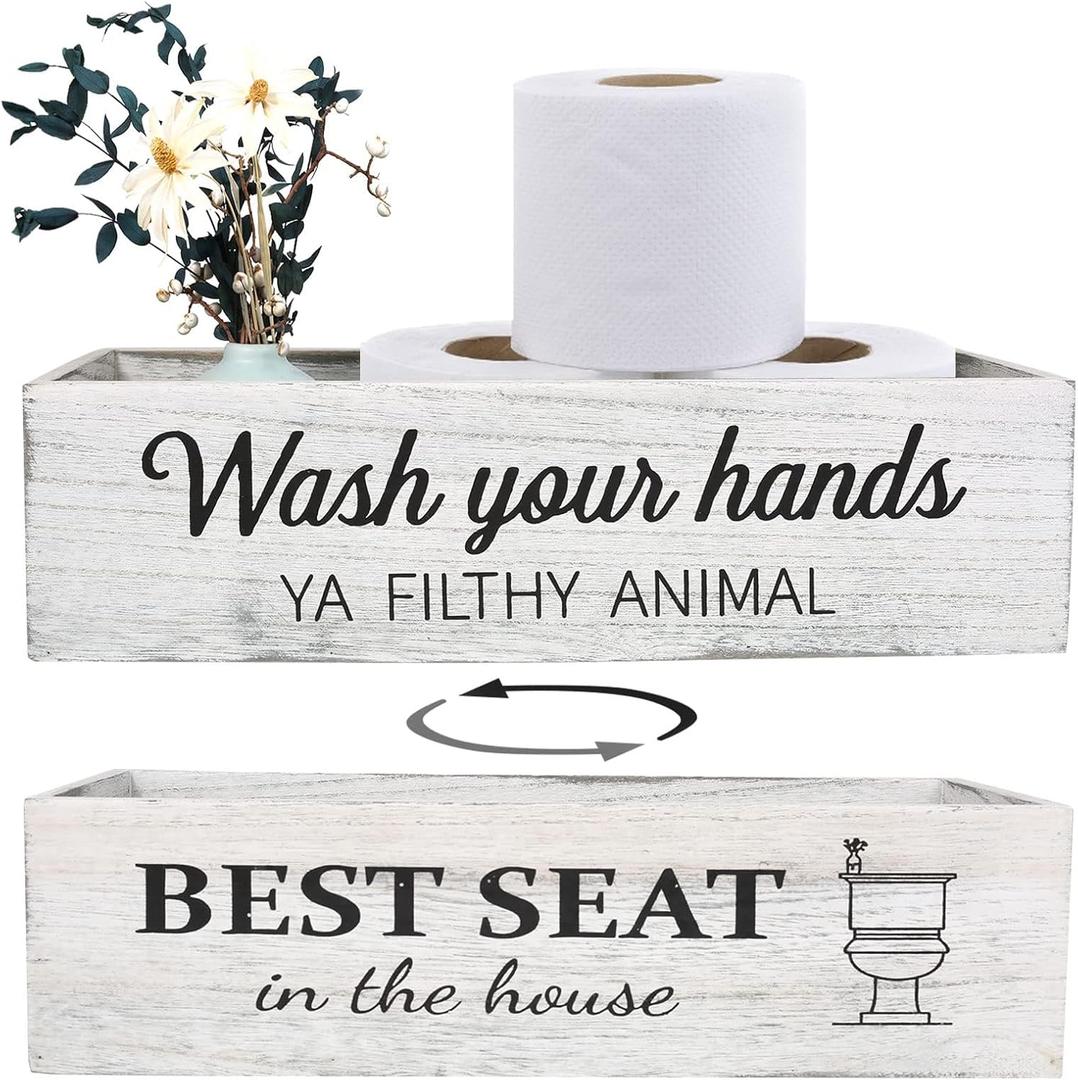 Bathroom Decor Box, Toilet Paper Basket With 2 Sides Signs, Farmhouse Tank Topper, Rustic Home Decor for Livingroom Kitchen (One Whitewashed Box)