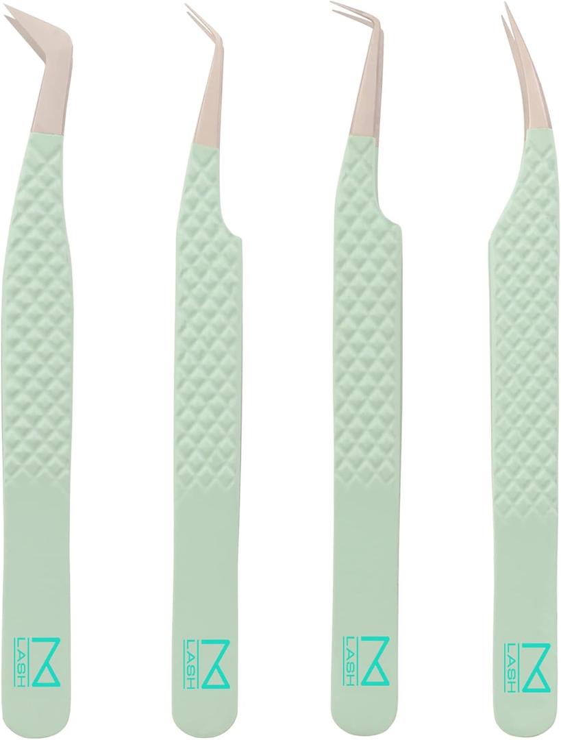 M LASH Eyelash Extension Tweezers (Set of 4) - Professional & Precision Lash Tweezers for Eyelash Extensions - Japanese Steel, Diamond Grip, Fiber Tip V5 (Green)